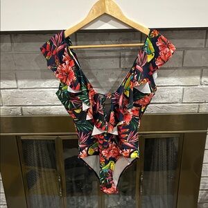Toucan and Tropical Floral Ruffle One-Piece Swimsuit